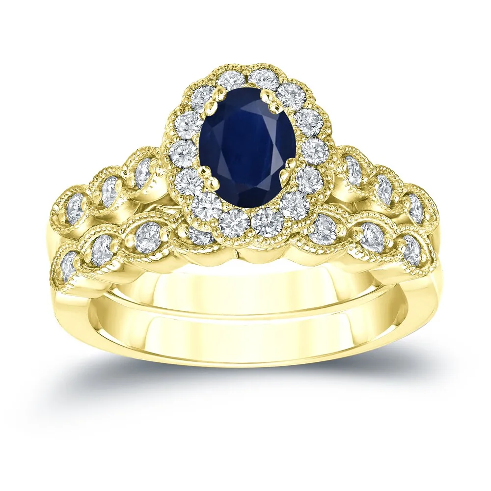 Auriya 14k Gold 1ct Oval Cut Blue Sapphire and 3/5ct TDW Diamond Halo Bridal Ring Set (H-I, SI1-SI2) sold by Zulily product image thumbnail 2