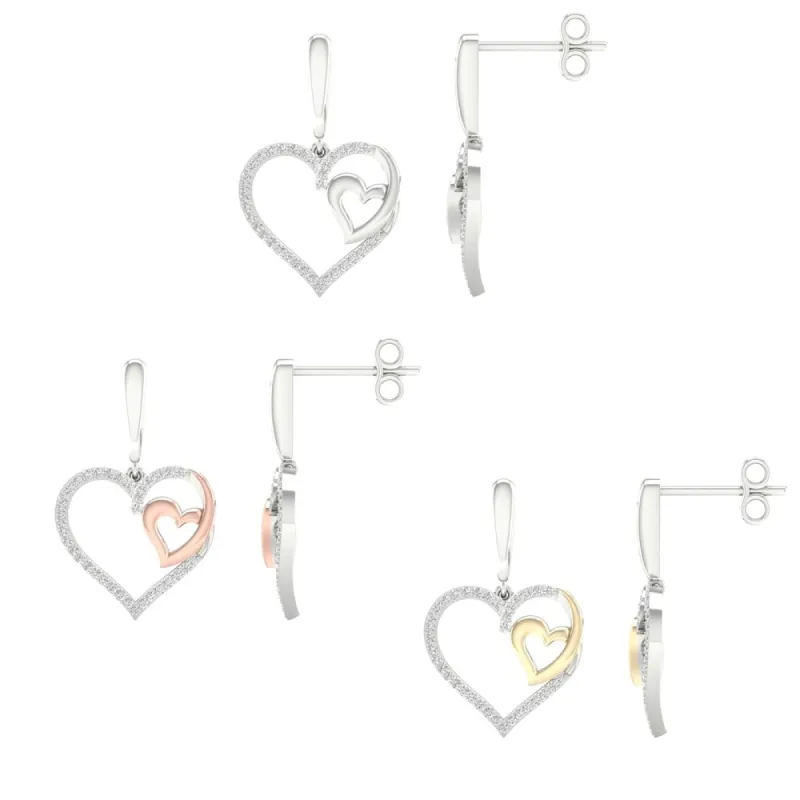 1/5ct TDW Diamond Double Heart Dangle Earrings in Sterling Silver with Gold Plated Heart by De Couer sold by Zulily