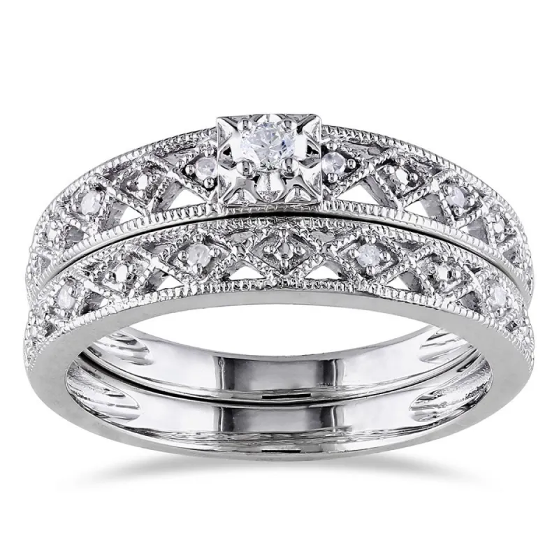 Miadora Sterling Silver 1/10ct TDW Vintage Diamond Filigree Bridal Ring Set - White sold by Zulily