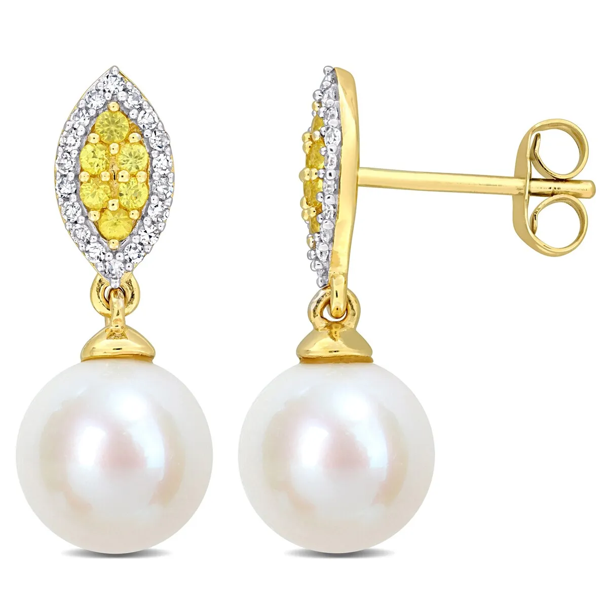 Miadora 1/7ct Diamond And 1/6ct TGW Yellow Sapphire Freshwater Cultured Pearl Fashion Post Earrings in 14K Yellow Gold sold by Zulily