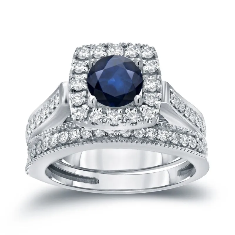 Auriya 1/3ct Blue Sapphire and 3/4ctw Halo Diamond Engagement Ring Set 14kt Gold sold by Zulily
