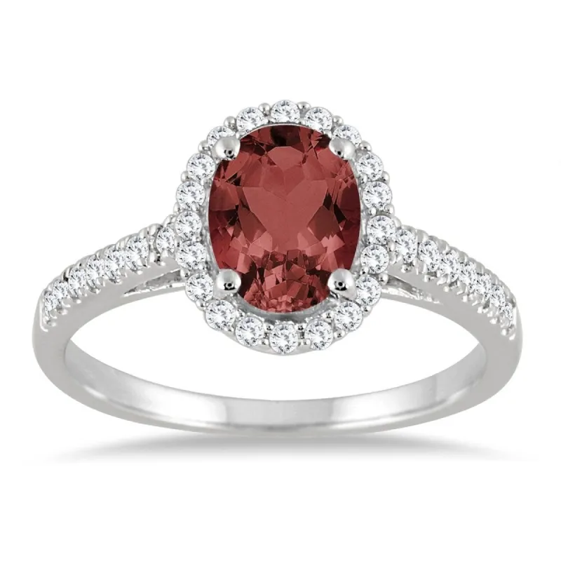 Garnet and Diamond Halo Ring in 10K White Gold sold by Zulily