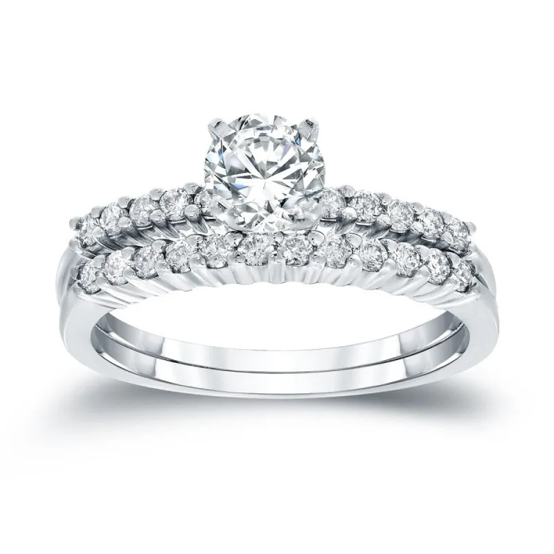 Auriya 1ct TW Round Moissanite and 1/3ct TDW Diamond Engagement Ring Set 14K Gold sold by Zulily