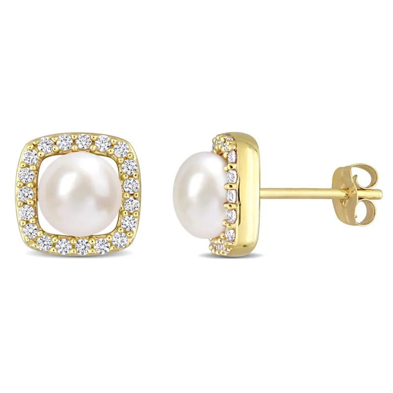 Miadora 6-6.5 mm Cultured Freshwater Pearl and 3/8 CT TGW Created White Sapphire Halo Earrings in 10k Yellow Gold sold by Zulily