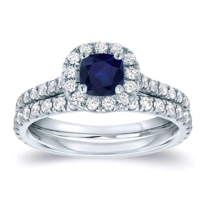 Auriya Platinum 2/5ct Blue Sapphire and 3/5ctw Halo Diamond Engagement Ring Set sold by Zulily