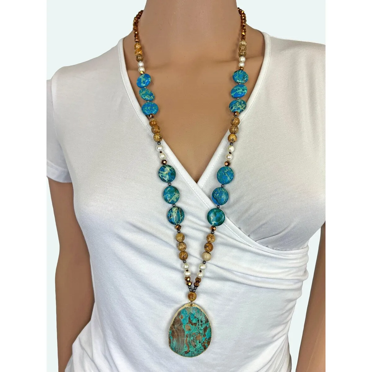 Cultured Pearl Mix Stone & Ocean Jasper Long Pendant Necklace sold by Zulily product image thumbnail 2