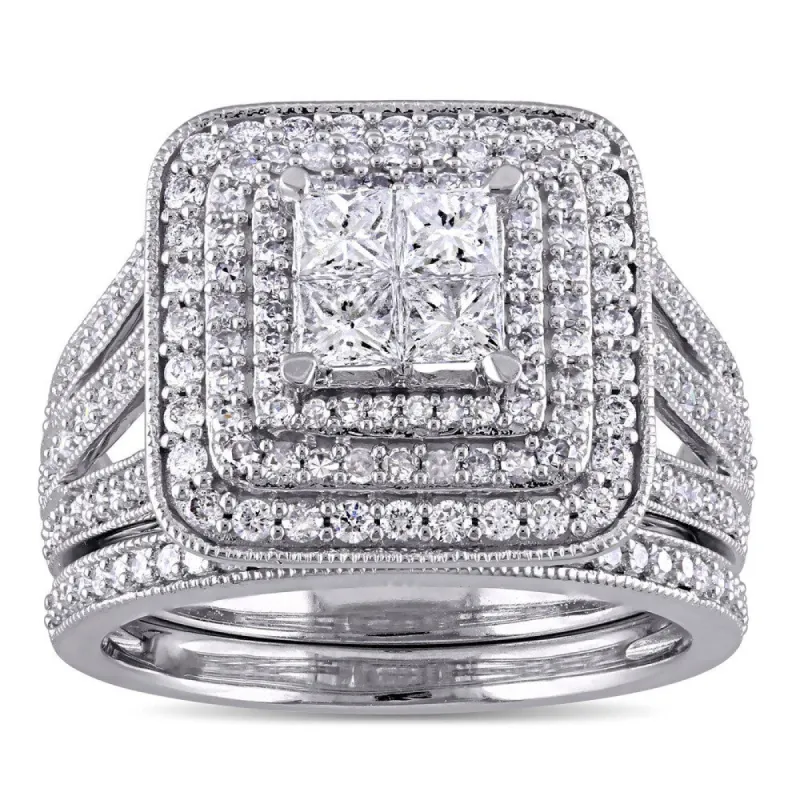 Miadora Signature Collection 14k White Gold 1 1/2ct TDW Princess and Round Diamond Cluster Double Halo Bridal Set (G-H, I1-I2) sold by Zulily