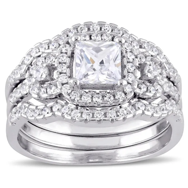 Miadora Sterling Silver Cubic Zirconia 3-stone Halo Bridal Ring Set - White sold by Zulily