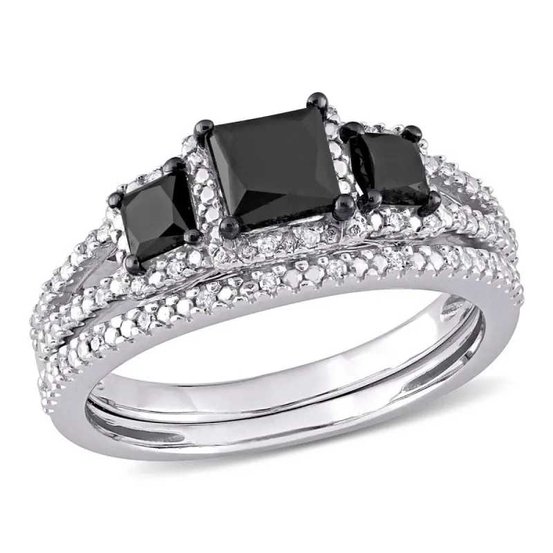 Miadora 10k White Gold 1 5/8ct TDW Princess-cut Black and White Diamond 3-Stone Bridal Ring Set sold by Zulily