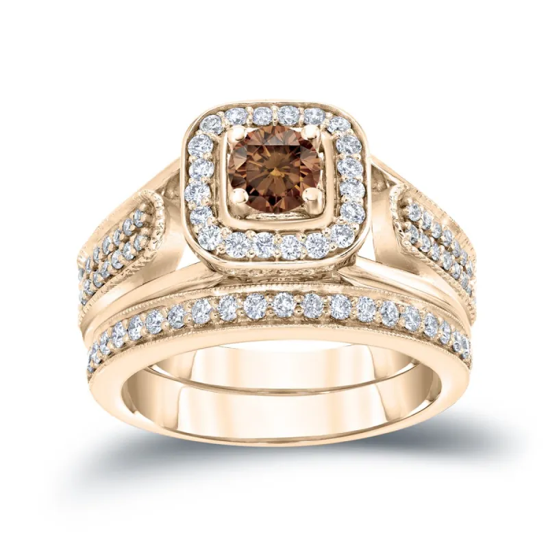 14k Gold 3/4ct TDW Brown Diamond Halo Engagement Ring Set by Auriya sold by Zulily