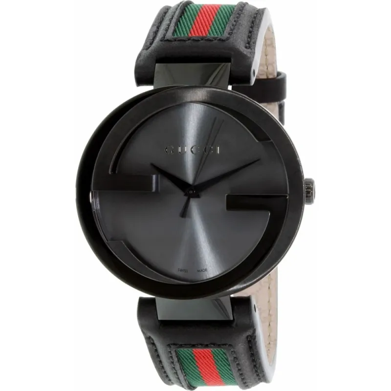 Gucci Men's Quartz Interlocking Black Dial Black Leather Watch - Multi sold by Zulily