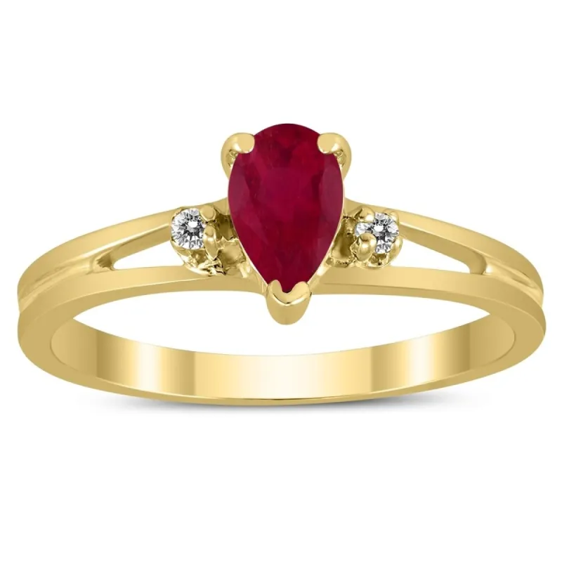 6X4MM Ruby and Diamond Pear Shaped Open Three Stone Ring in 10K Yellow Gold sold by Zulily