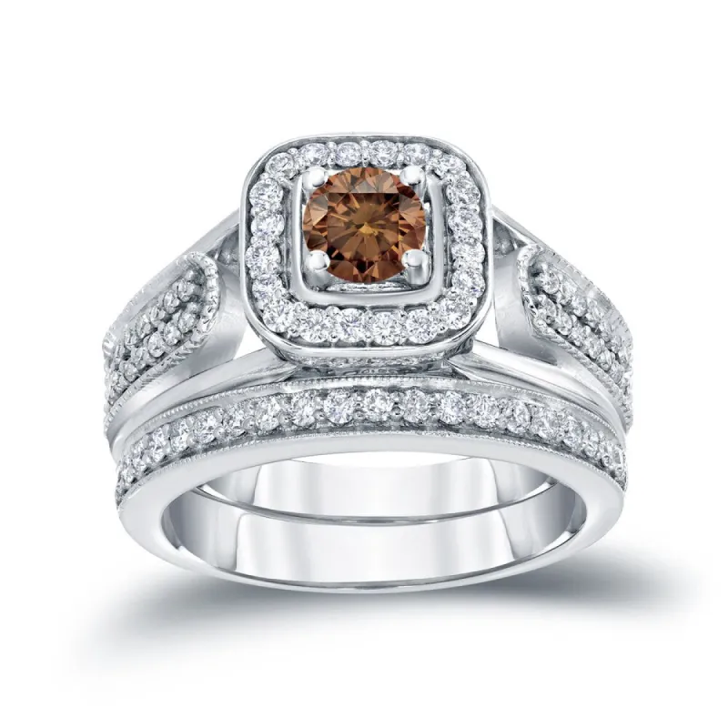 14k Gold 3/4ct TDW Brown Diamond Halo Engagement Ring Set by Auriya sold by Zulily