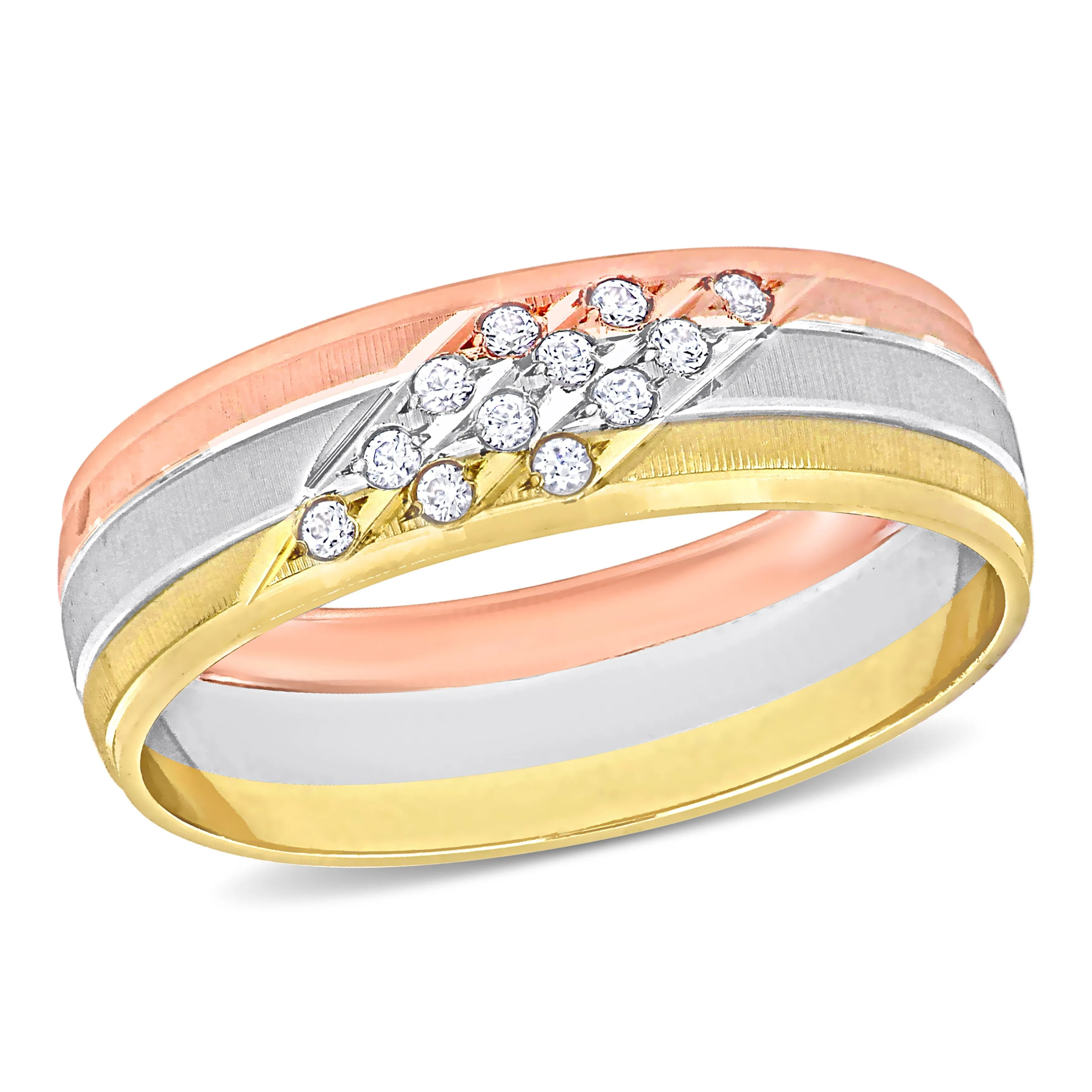 Miadora Mens 6 mm Cubic Zirconia Matte Three Row Wedding Band in 14k 3-Tone Gold sold by Zulily