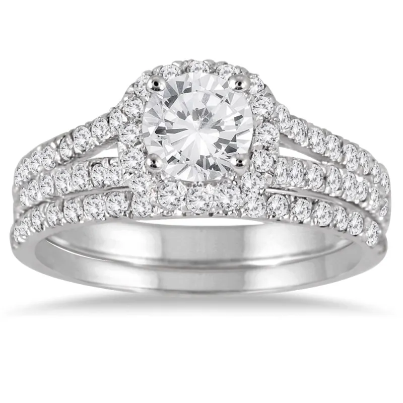 14k White Gold 1 1/2ct TDW Round Diamond Halo Bridal Set sold by Zulily