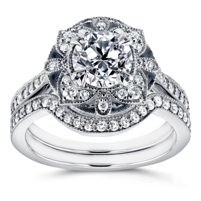 Annello by Kobelli 14k White Gold 1 1/2ct TDW Diamond 2-Piece Floral Antique Bridal Set made by Zulily
