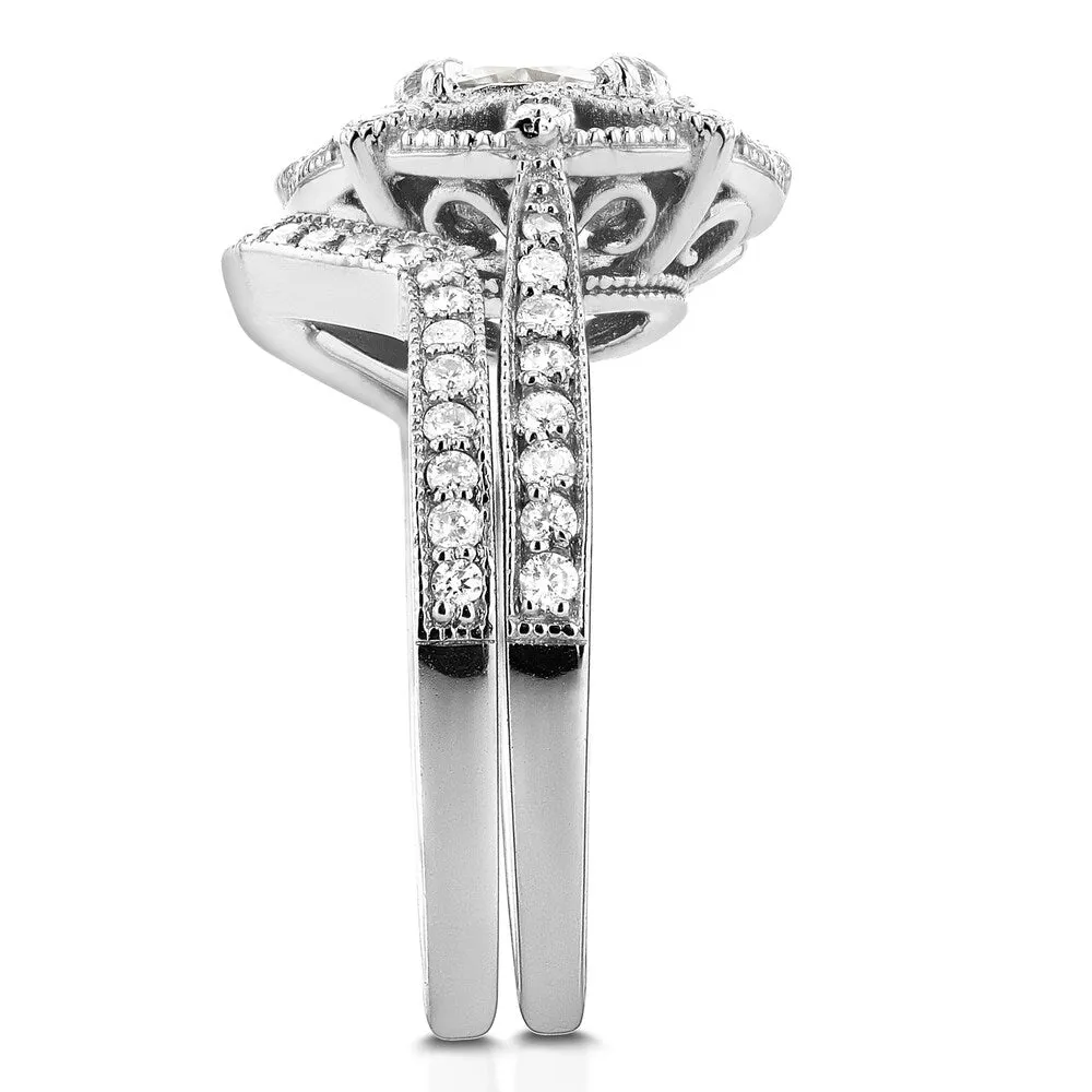 Annello by Kobelli 14k White Gold 1 1/2ct TDW Diamond 2-Piece Floral Antique Bridal Set sold by Zulily product image thumbnail 3