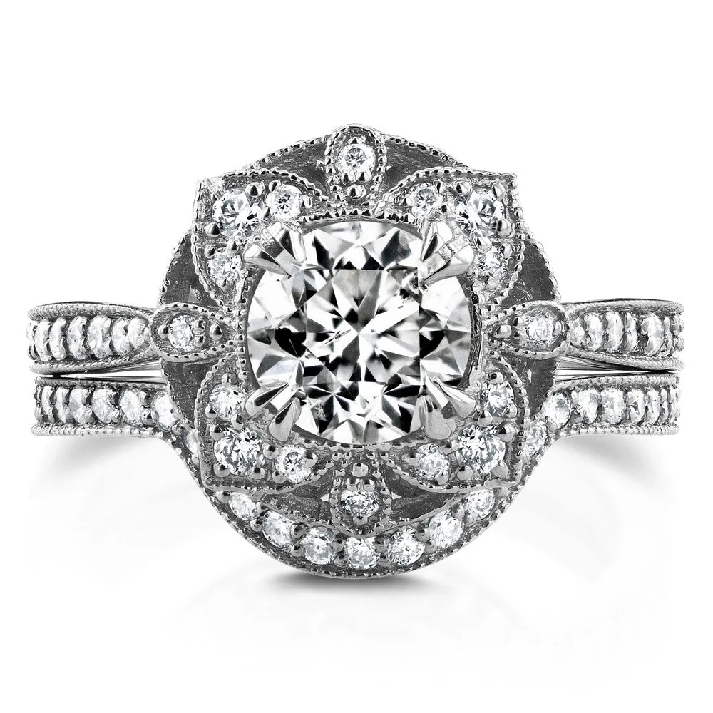 Annello by Kobelli 14k White Gold 1 1/2ct TDW Diamond 2-Piece Floral Antique Bridal Set sold by Zulily product image thumbnail 2