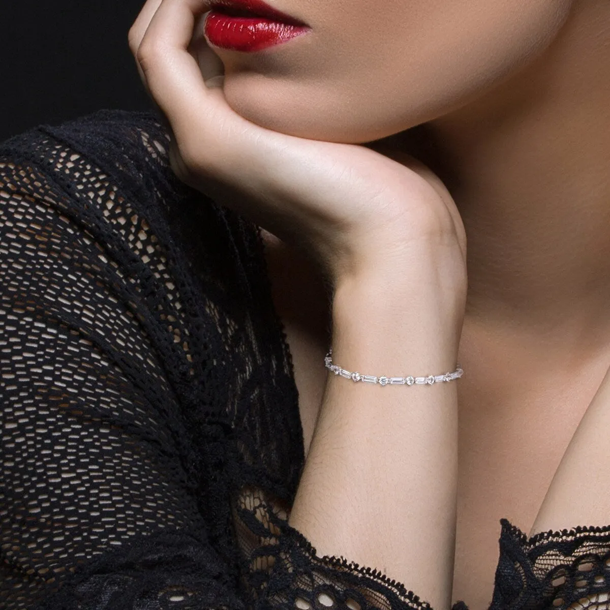 Miadora Baguette and Round-cut Created White Sapphire Tennis Bracelet in Sterling Silver sold by Zulily product image thumbnail 5