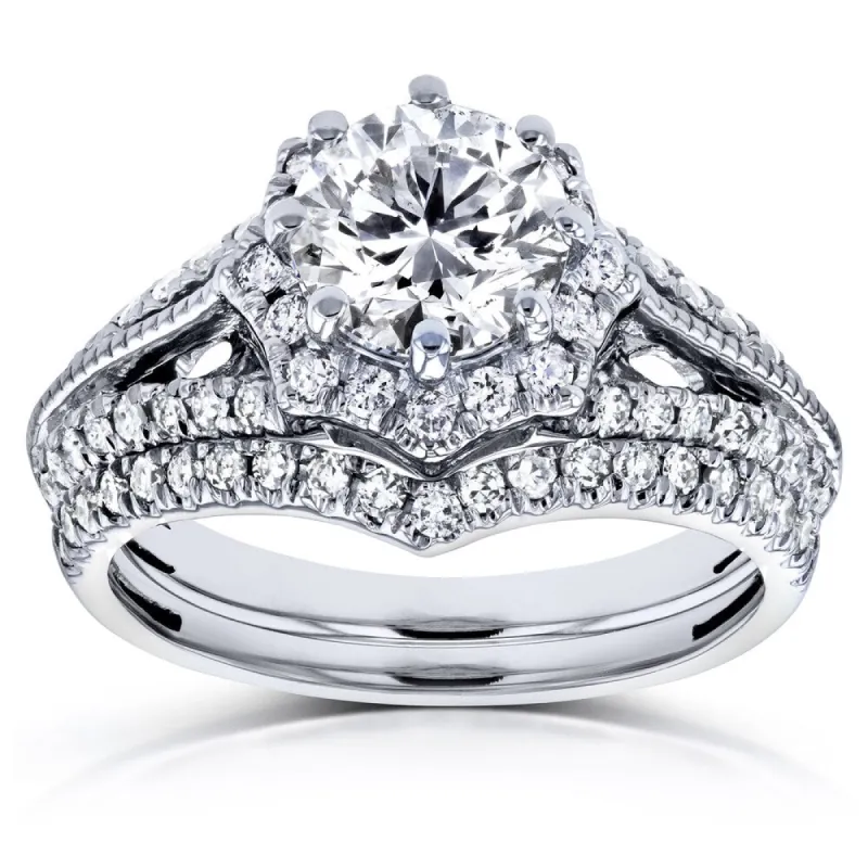 Annello by Kobelli 14k White Gold 1 1/2ct TDW Diamond Star Halo Bridal Set made by Zulily