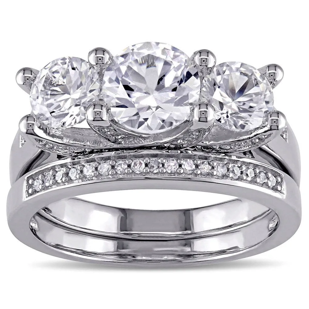 Miadora Created White Sapphire and 1/10ct TDW Diamond 3-Stone Bridal Set in 10k White Gold sold by Zulily