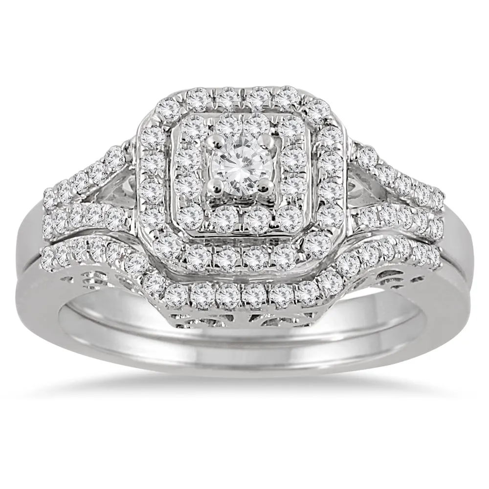 10k White Gold 3/5ct TDW Diamond Halo Bridal Ring Set sold by Zulily