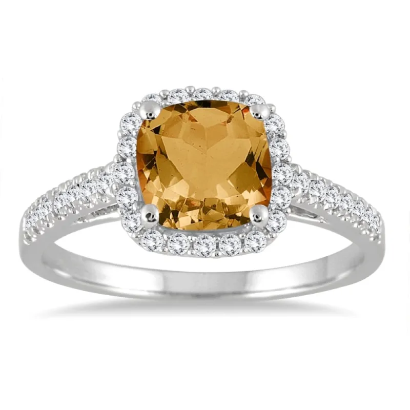 5MM Cushion Cut Citrine and Diamond Halo Ring in 10K White Gold sold by Zulily