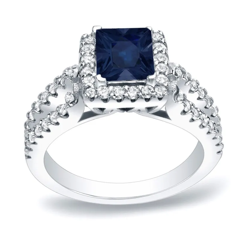 Platinum Princess-Cut 1ct Blue Sapphire and 3/4ct TDW Diamond Halo Engagement Ring sold by Zulily