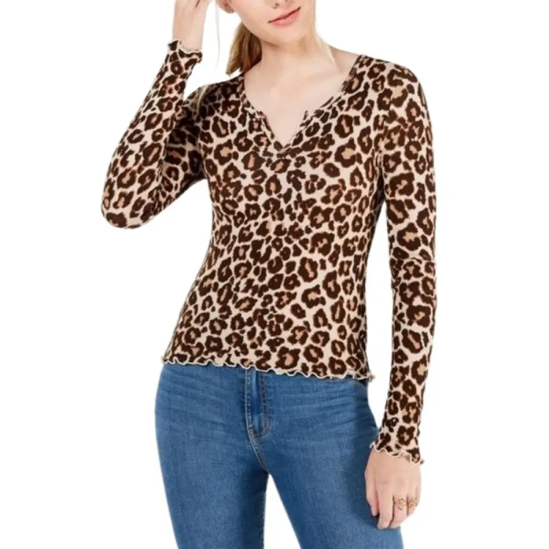 Hippie Rose Juniors' Waffle-Knit Lettuce-Edge Top Brown Cheetah Size Small sold by Zulily