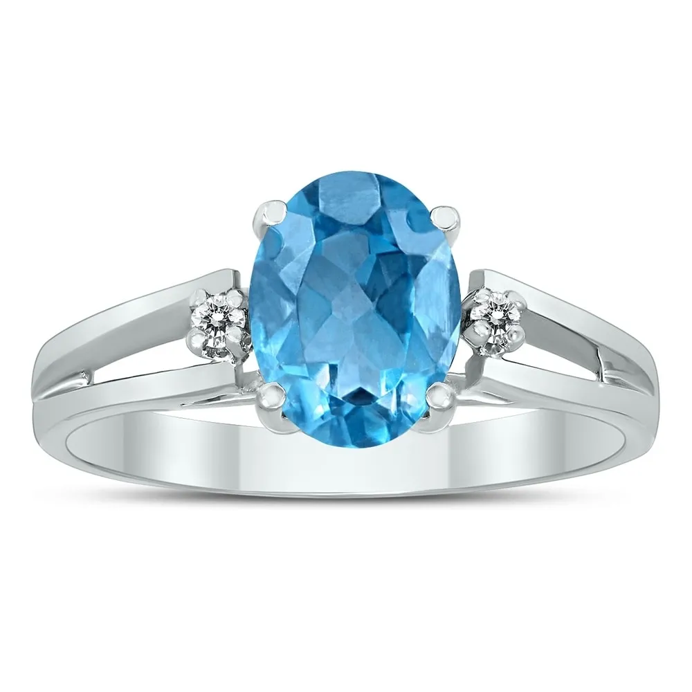 8X6MM Blue Topaz and Diamond Open Three Stone Ring in 10K White Gold sold by Zulily