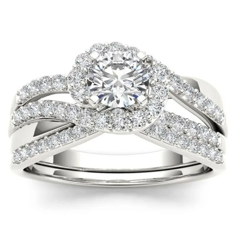 De Couer 14k White Gold 1ct TDW Diamond Bypass Halo Engagement Ring Set with One Band sold by Zulily