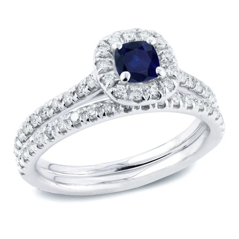 Auriya 14k Gold 2/5ct Cushion Cut Blue Sapphire and 3/5ctw Halo Diamond Engagement Ring Set sold by Zulily