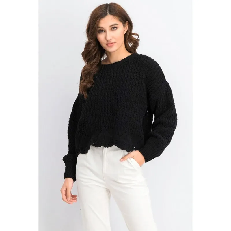WYNTER Women's Pointelle Hem Chenille Sweater Black Size Small sold by Zulily