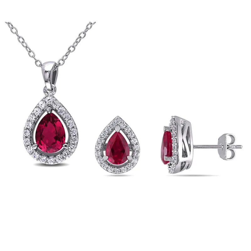 Miadora Sterling Silver Pear-cut Created Ruby and Created White Sapphire Halo Teardrop Necklace and Stud Earrings 2-Piece Set sold by Zulily