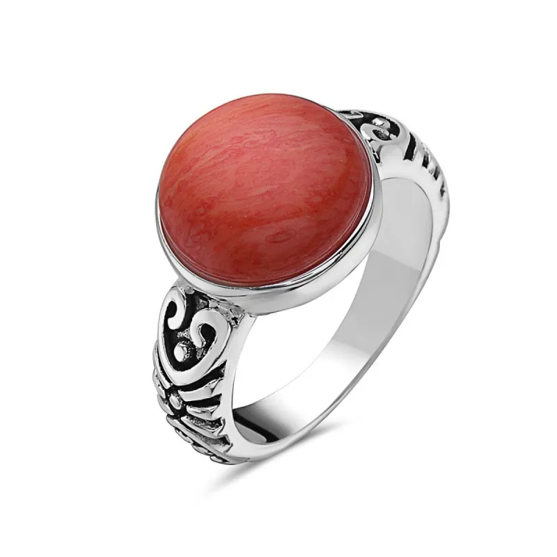Vera & Co Sterling Silver Round Orangish Red Reconstructed Coral Stone Ring sold by Zulily