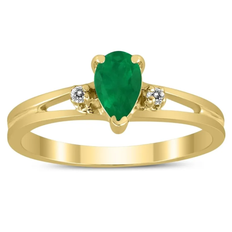 6X4MM Emerald and Diamond Pear Shaped Open Three Stone Ring in 10K Yellow Gold sold by Zulily