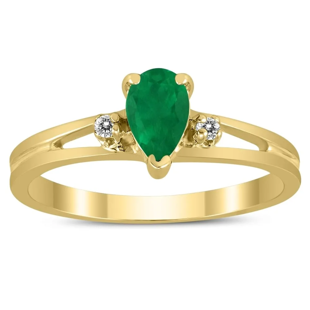 6X4MM Emerald and Diamond Pear Shaped Open Three Stone Ring in 10K Yellow Gold sold by Zulily