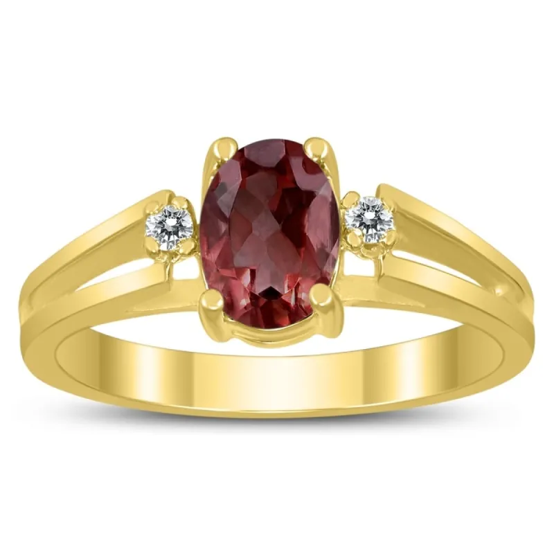 7X5MM Garnet and Diamond Open Three Stone Ring in 10K Yellow Gold sold by Zulily