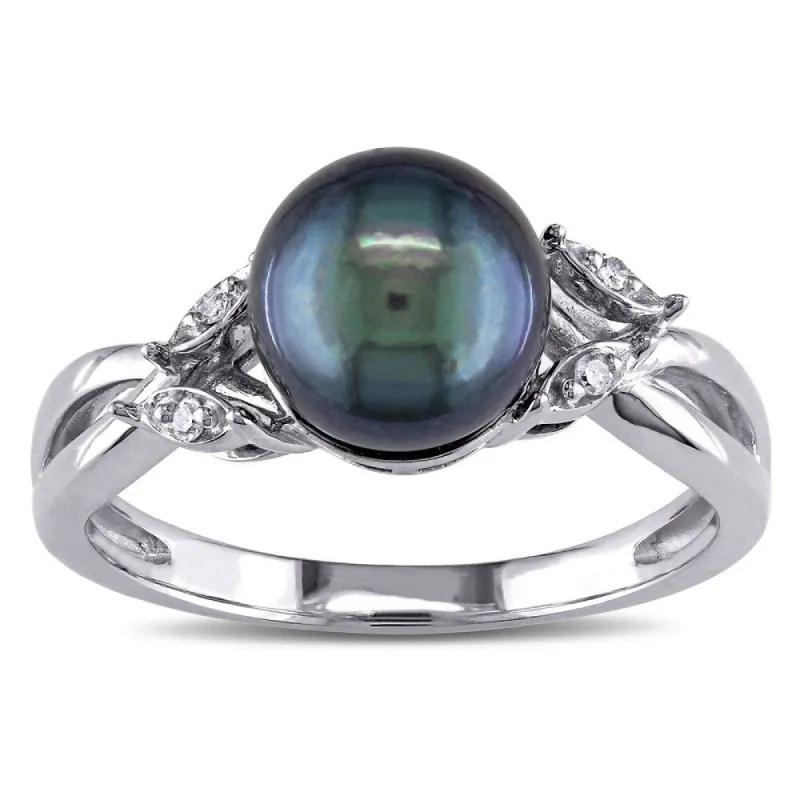 Miadora 10k White Gold Cultured Freshwater Black Pearl and Diamond Accent Cocktail Ring (7.5-8 mm) sold by Zulily