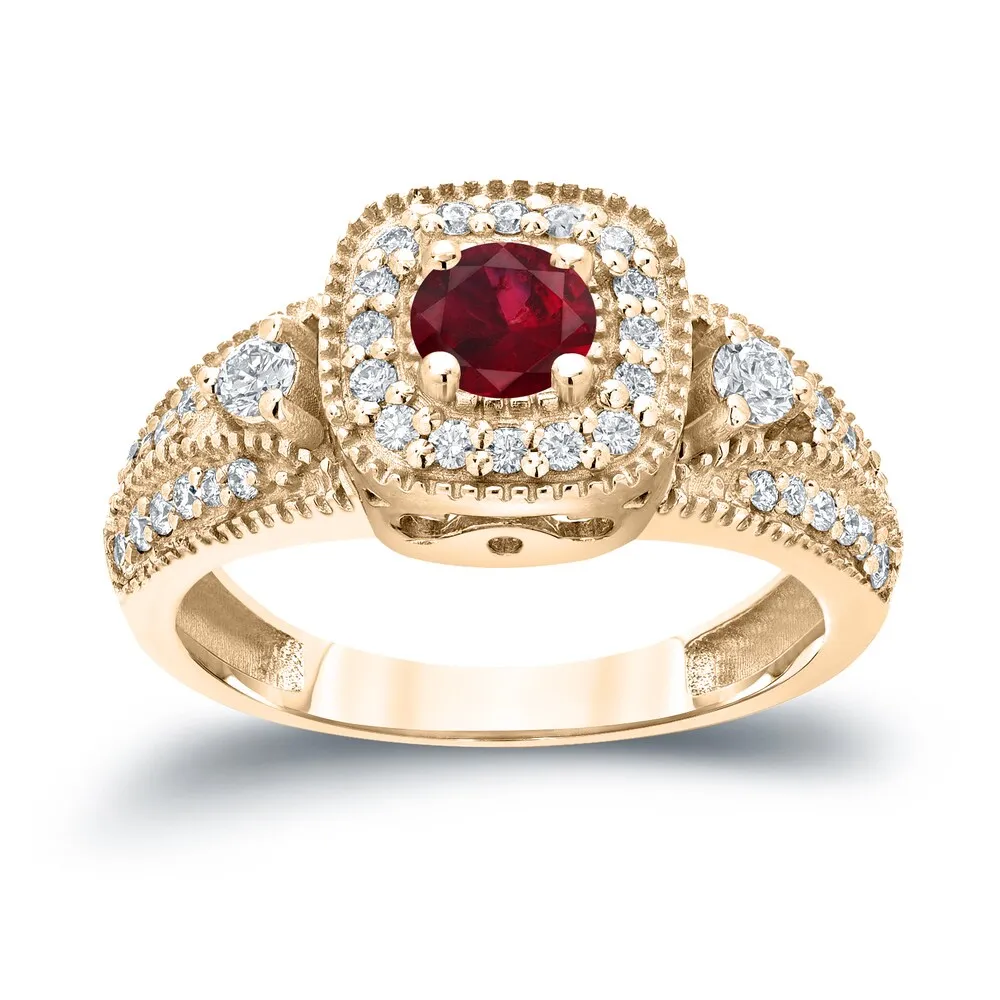 Round 1/5ct Red Ruby and 2/5ct TDW Diamond Halo Engagement Ring in 14k Gold by Auriya sold by Zulily product image thumbnail 2