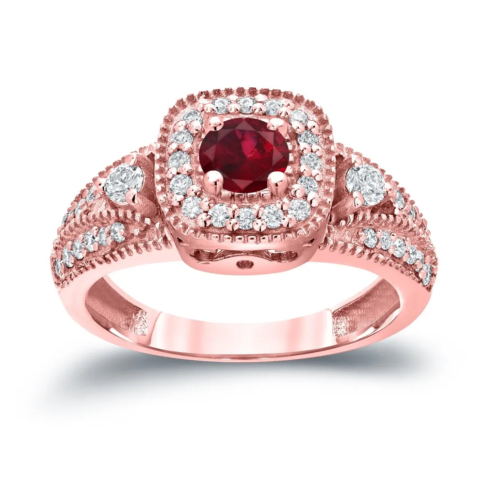 Round 1/5ct Red Ruby and 2/5ct TDW Diamond Halo Engagement Ring in 14k Gold by Auriya sold by Zulily product image thumbnail 3