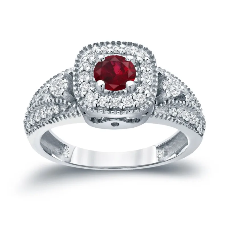 Round 1/5ct Red Ruby and 2/5ct TDW Diamond Halo Engagement Ring in 14k Gold by Auriya sold by Zulily