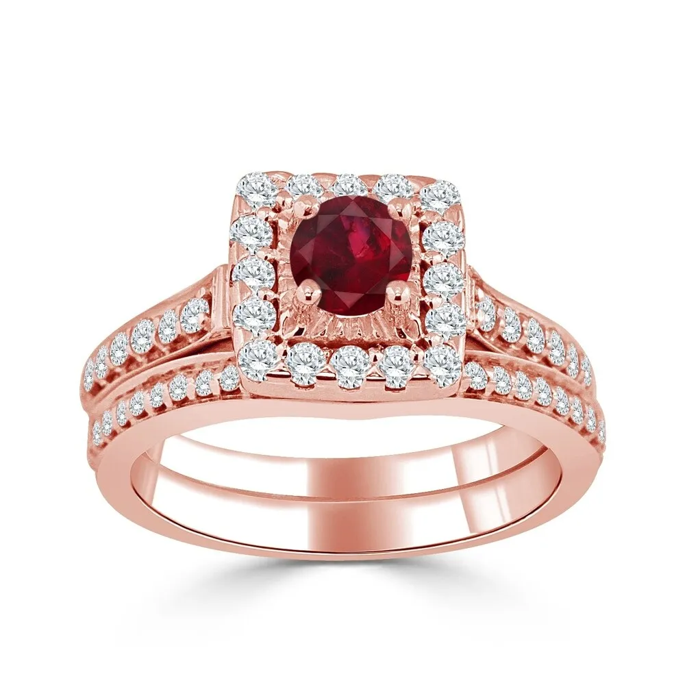 Auriya Round 2/5ct Red Ruby and 5/8cttw Diamond Halo Engagement Ring Set 14k Gold sold by Zulily product image thumbnail 3