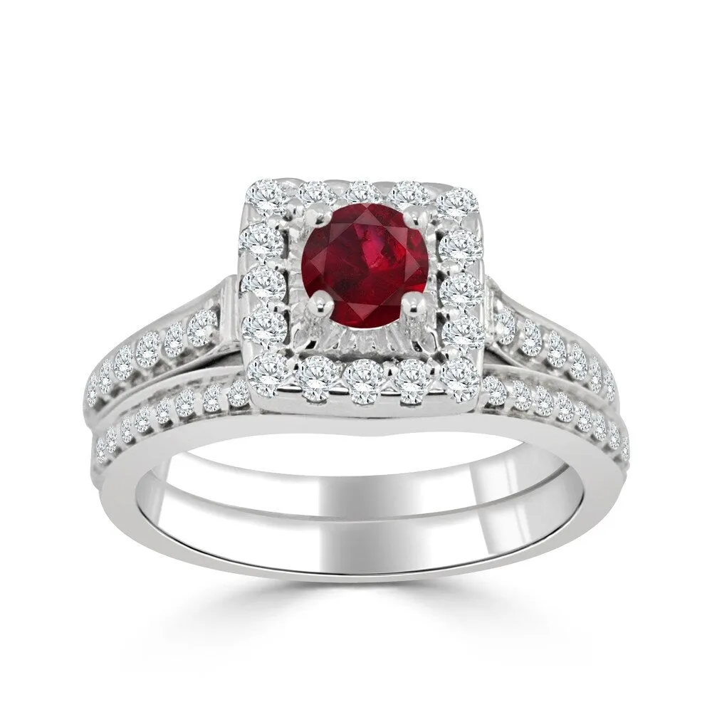 Auriya Round 2/5ct Red Ruby and 5/8cttw Diamond Halo Engagement Ring Set 14k Gold sold by Zulily
