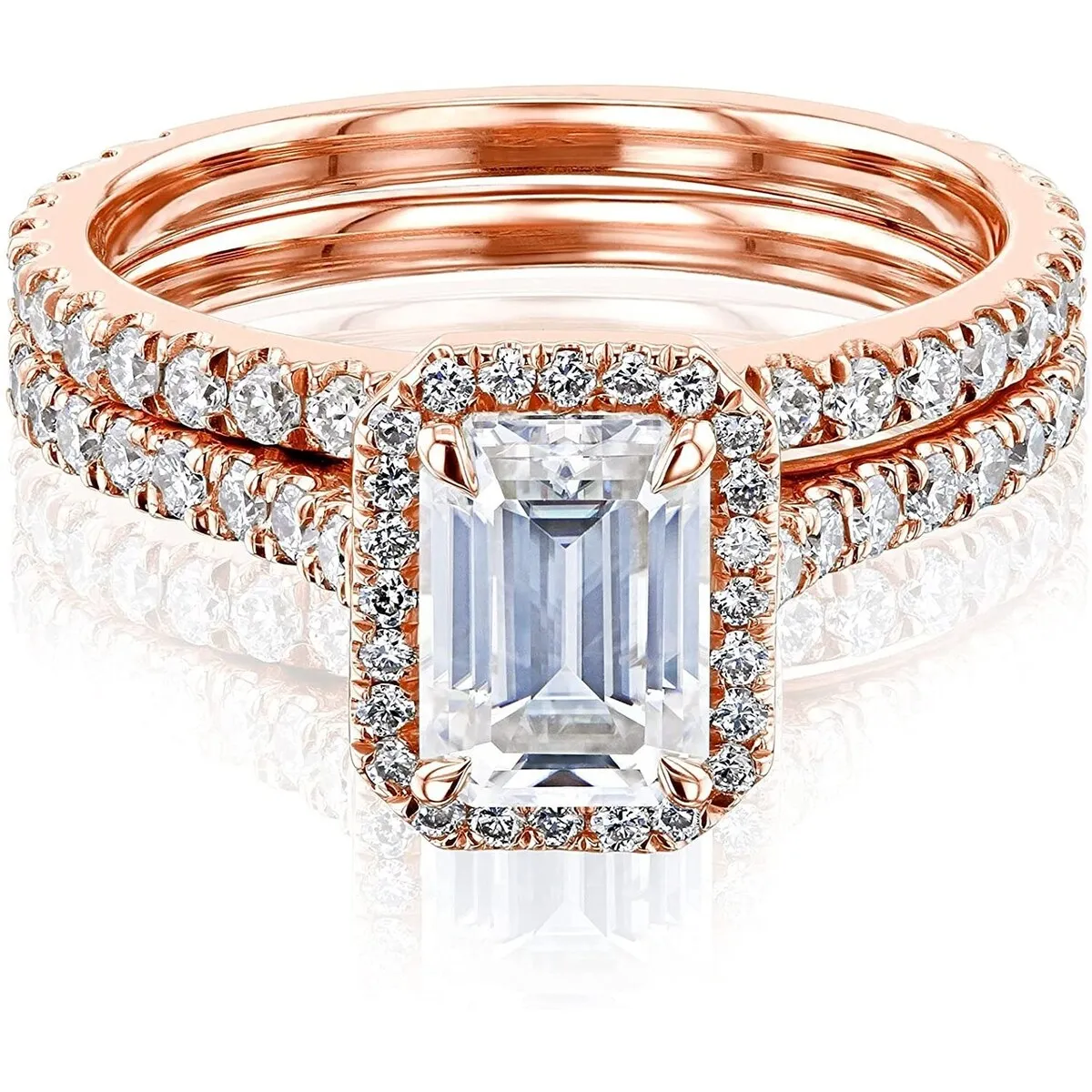 Annello by Kobelli 14k Gold Emerald Cut Forever One Moissanite Halo Bridal Set (DEF/VS, DEF/VS) sold by Zulily
