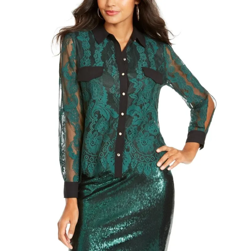 Thalia Sodi Women's Mixed Media Button Up Shirt Green Size Large sold by Zulily