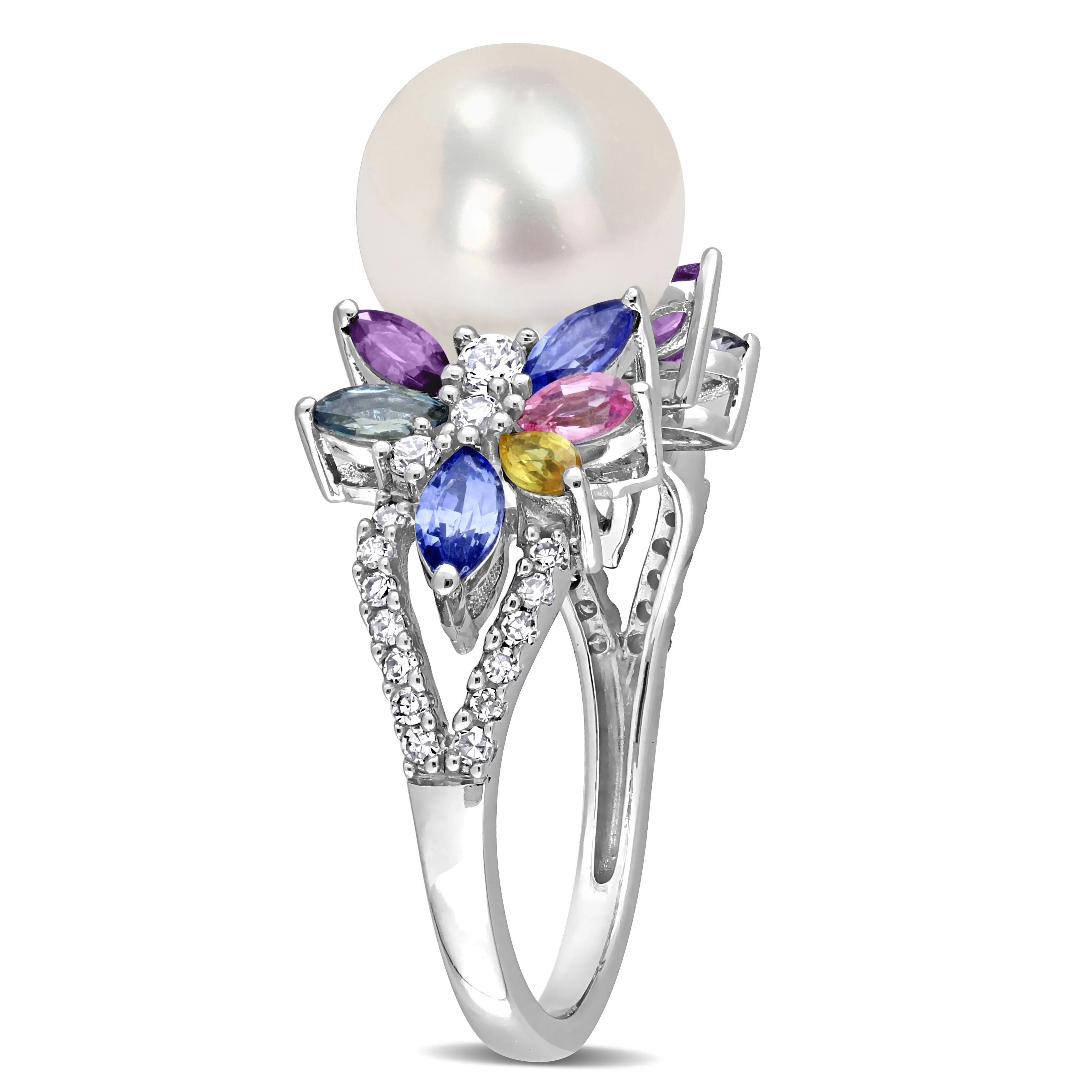 Miadora 9-9.5mm Cultured Freshwater Pearl 1 3/4ct TGW Multi Sapphire 1/8ct TW Diamond Flower Ring in 14k White Gold sold by Zulily product image thumbnail 3