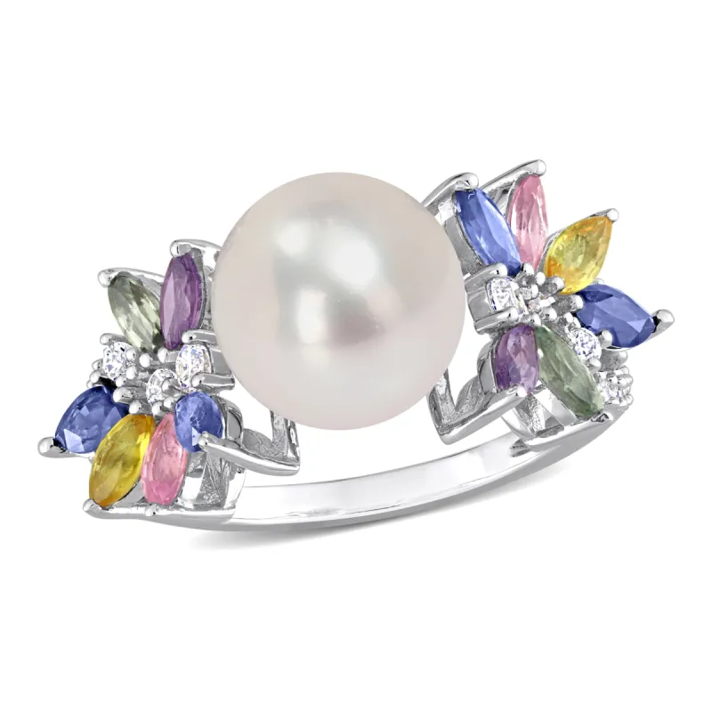 Miadora 9-9.5mm Cultured Freshwater Pearl 1 3/4ct TGW Multi Sapphire 1/8ct TW Diamond Flower Ring in 14k White Gold sold by Zulily