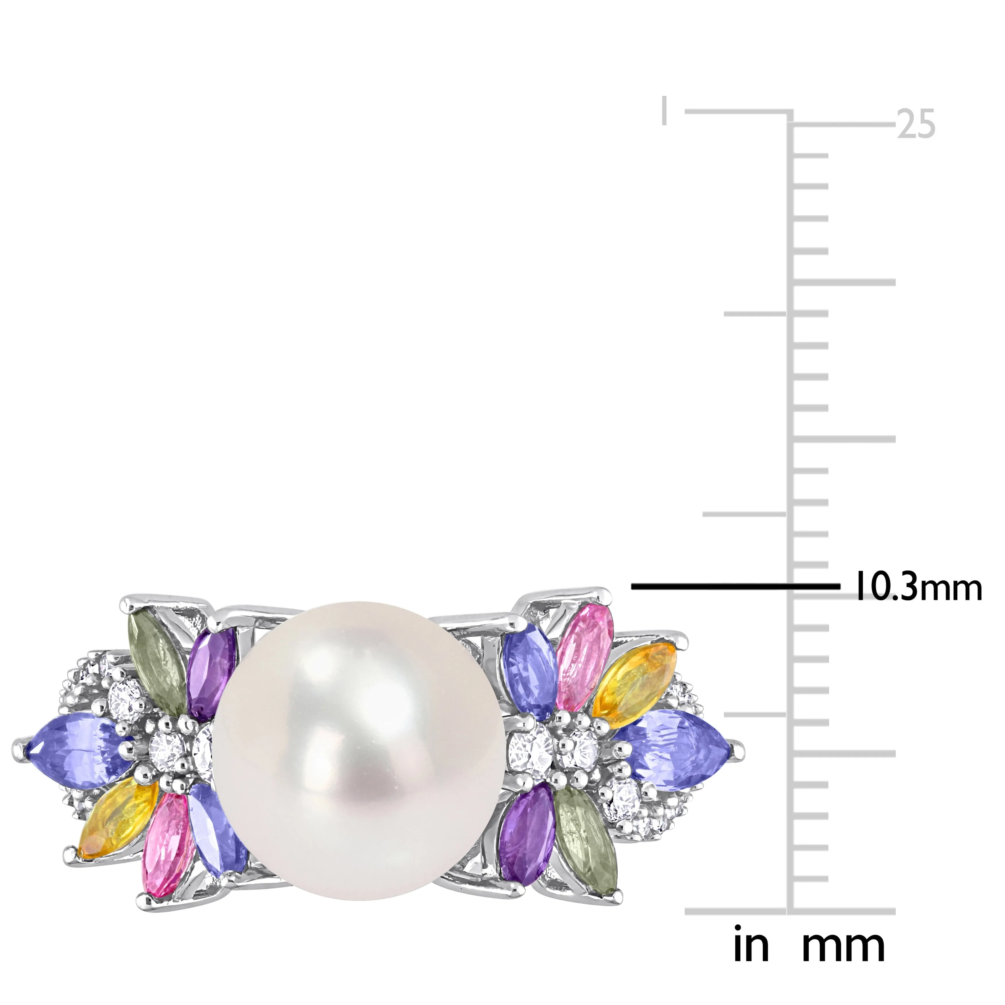Miadora 9-9.5mm Cultured Freshwater Pearl 1 3/4ct TGW Multi Sapphire 1/8ct TW Diamond Flower Ring in 14k White Gold sold by Zulily product image thumbnail 4