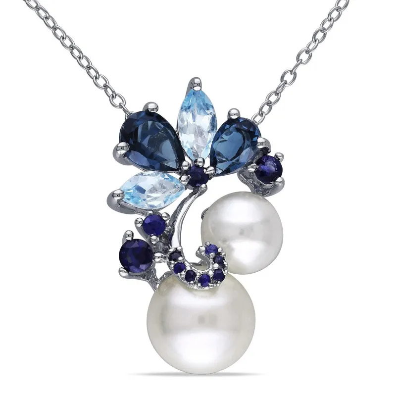 Miadora Sterling Silver Pearl, London Sky Topaz, and Sapphire Drop Pendant Necklace (7 - 9 mm) sold by Zulily